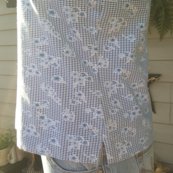 LIZ CLAIBORNE ♡ Sweet Vintage Blue|White Floral Box Pattern Short Sleeve Top SP - Picture 13 of 16